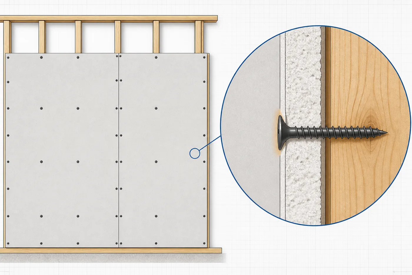 Drywall fastener pattern with a cutaway of a screw seated through intact face paper into a wood stud