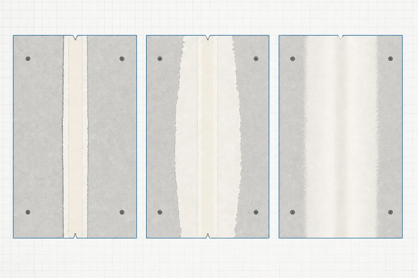 Three stages of a tapered drywall joint from embedded tape to broad feathered finish coat