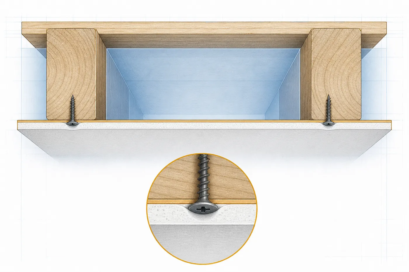 Ceiling section showing joist spacing, drywall thickness and fastener depth