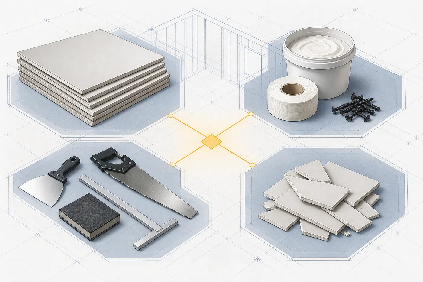 Drywall project materials grouped into board, finishing supplies, labor tools and waste