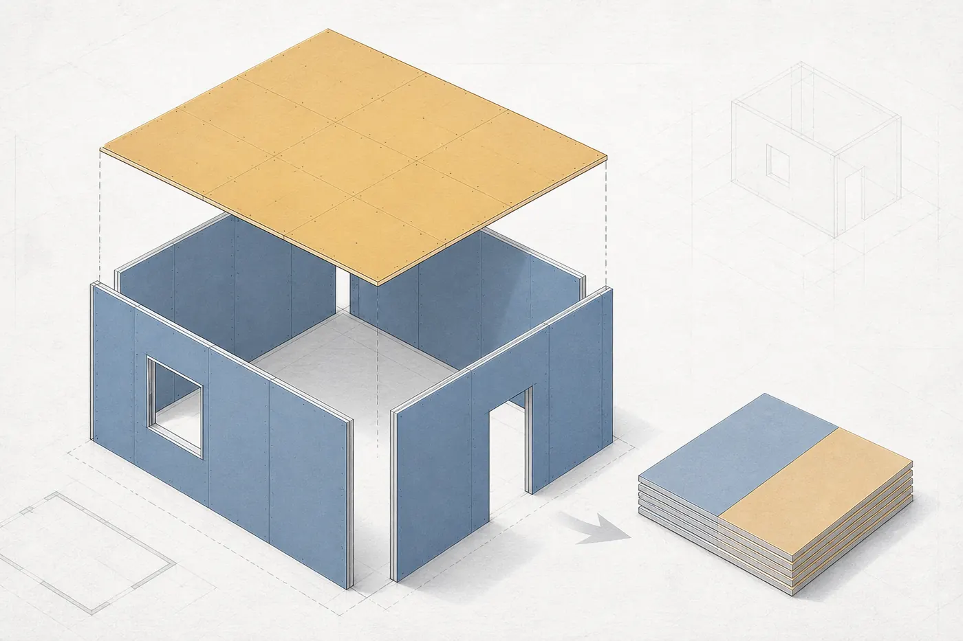Exploded room surfaces separating wall area from ceiling area for one material takeoff